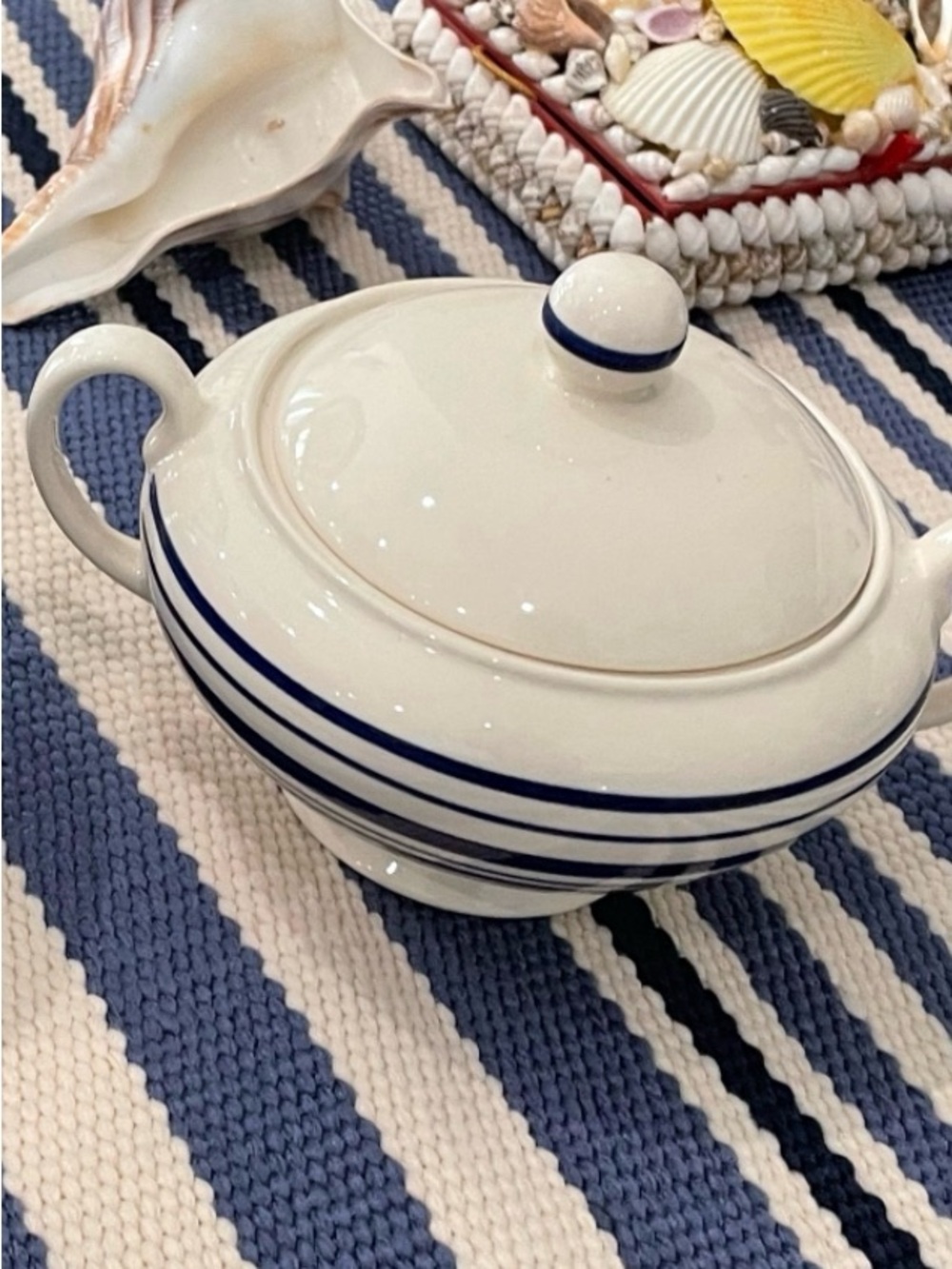 Vintage Ralph Lauren White Covered Sugar Bowl with Navy Stripes